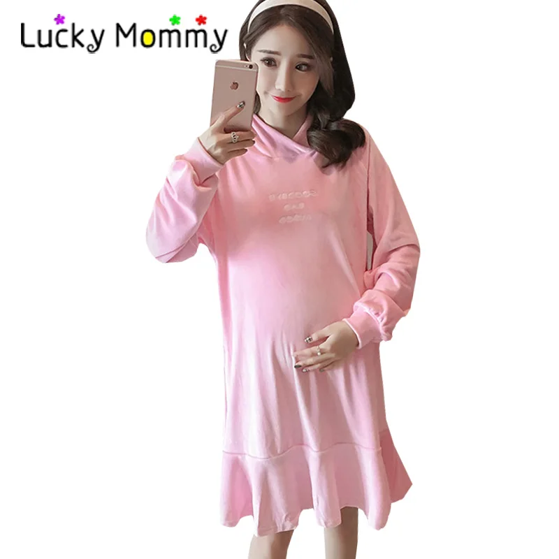 

Winter Maternity Dresses Embroidery Letters Mink Velvet Warm Clothes for Pregnant Women Pregnancy Hoodies Hooded Maternity-dress