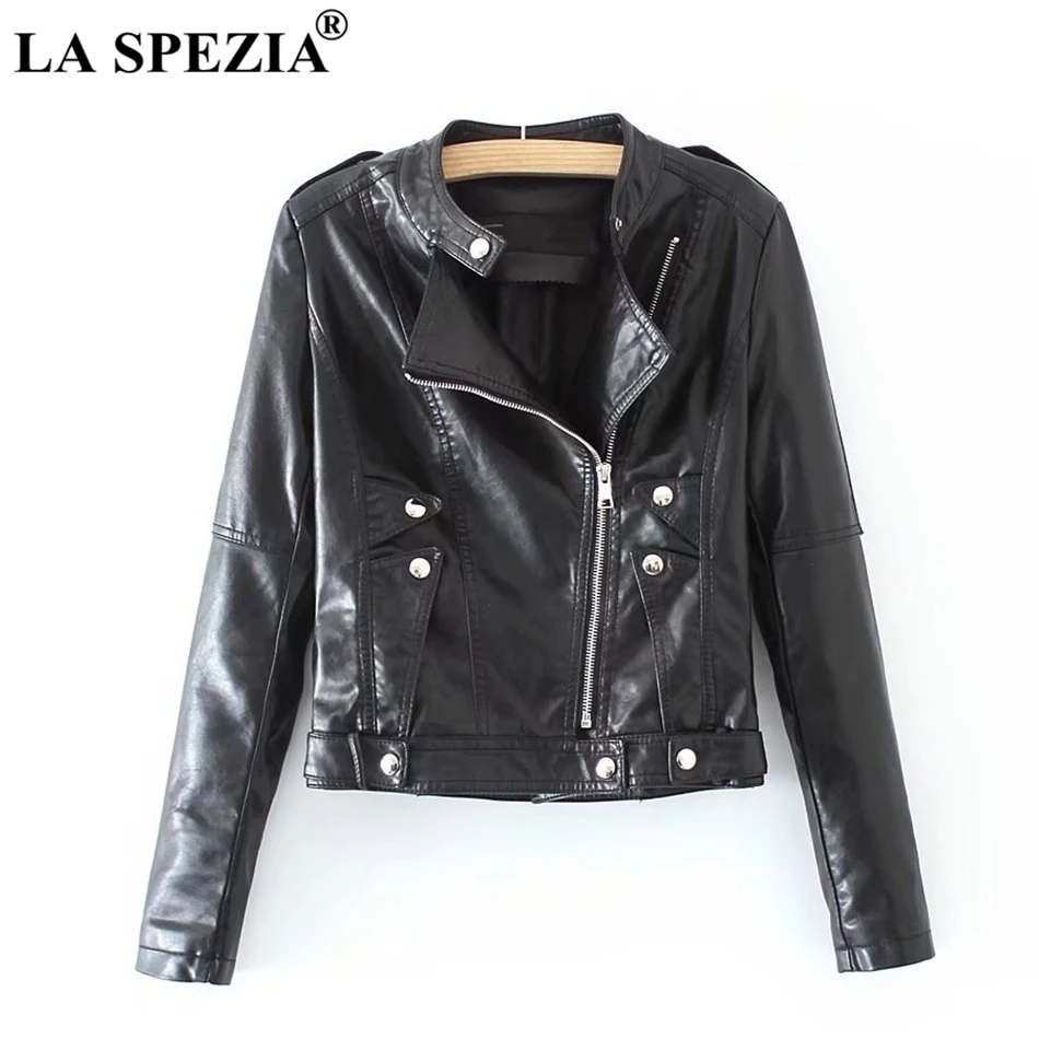 LA SPEZIA Biker Jacket Women Red Artificial Leather Jackets Ladies Belt Rivet Slim Fit Motorcycle Solid Punk Autumn Zipper Coats