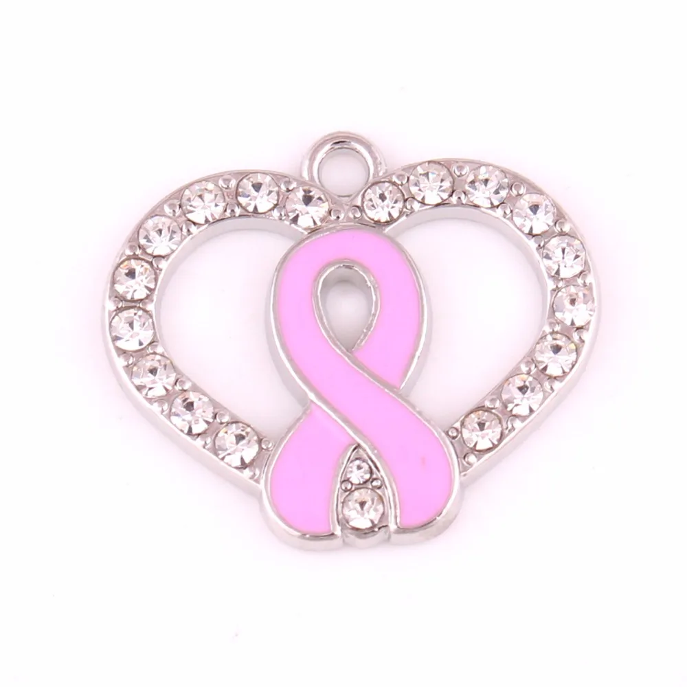 

Health alert jewelry Breast Cancer Awareness Pink Enamel Ribbon Bow Crystal Heart Necklace Pendant Charm