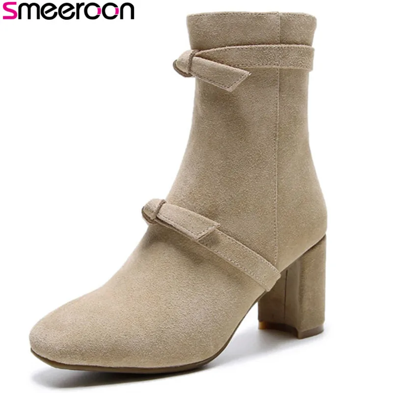 

Smeeroon 2018 new square toe zip+buckle high heels ankle boots autumn winter boots for women cow suede leather boots