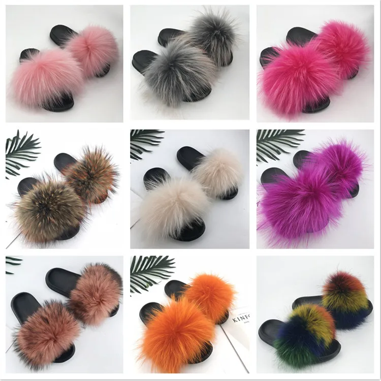 Real Raccoon Fur Slippers Women Sliders Casual Fox Hair Flat Fluffy Fashion Home Summer Big Size 45 Furry Flip Flops Shoes