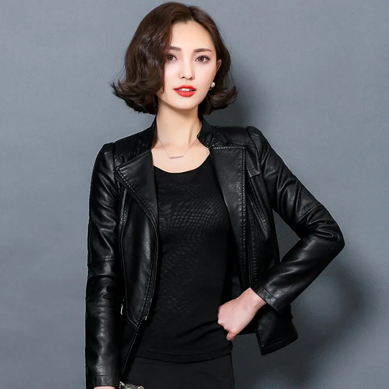 Женская куртка из искусственной кожи размера плюс 4XL 5XL, весенние куртки на молнии, черная куртка-бомбер из искусственной кожи, мотоциклетная верхняя одежда C3260