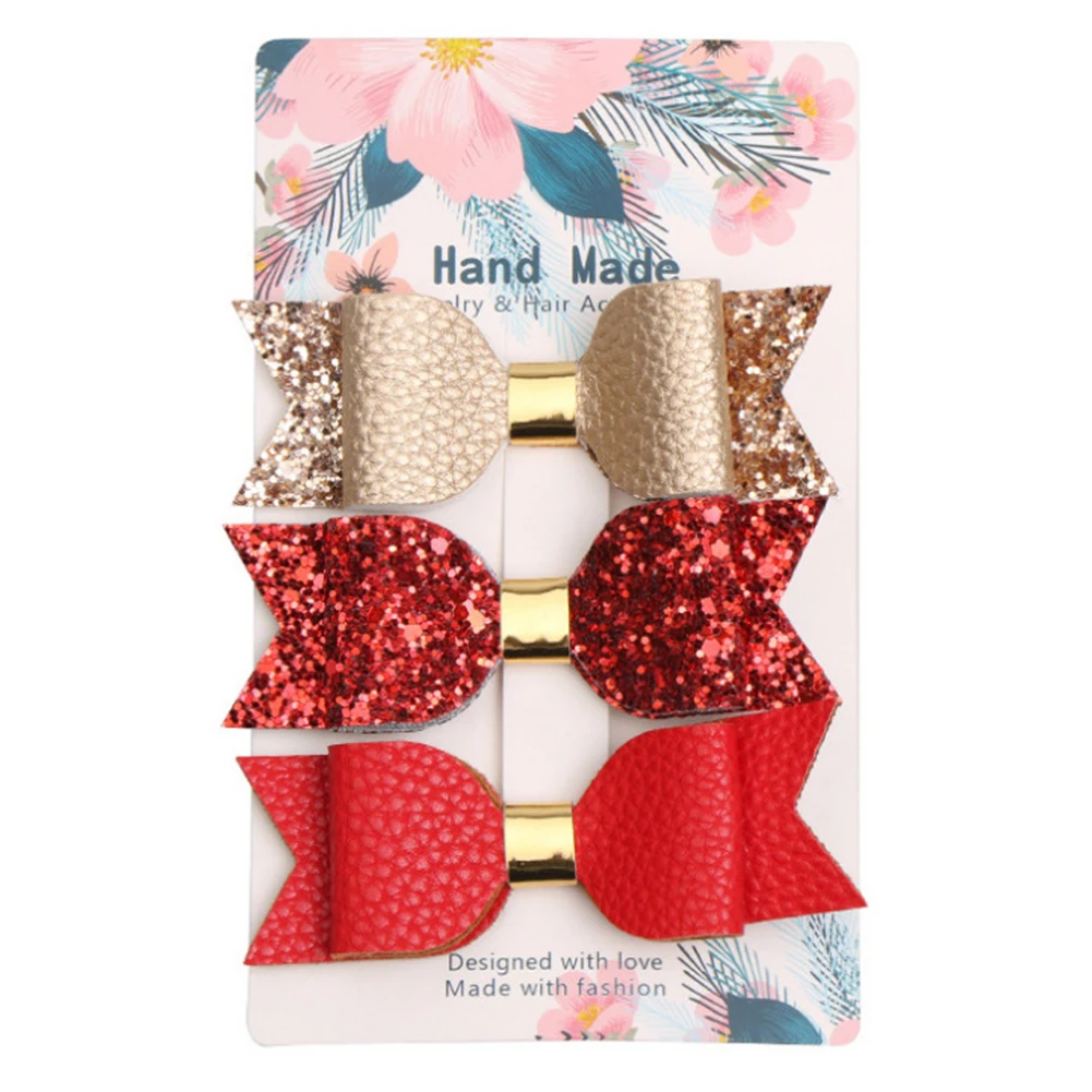3pcs Party Cute Bowknot Shape Kids Accessories Decoration Hair Clip Artificial Leather Styling Tools Glitter Fashion Gift DIY