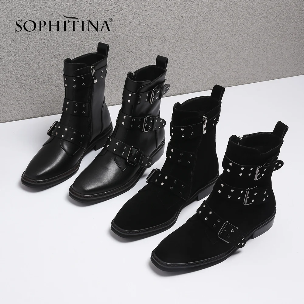 SOPHITINA New Fashion Genuine Leather Square Heel Women Boots Casual Outside Med Heel Shoes Basic Solid Ladies Ankle Boots SO224