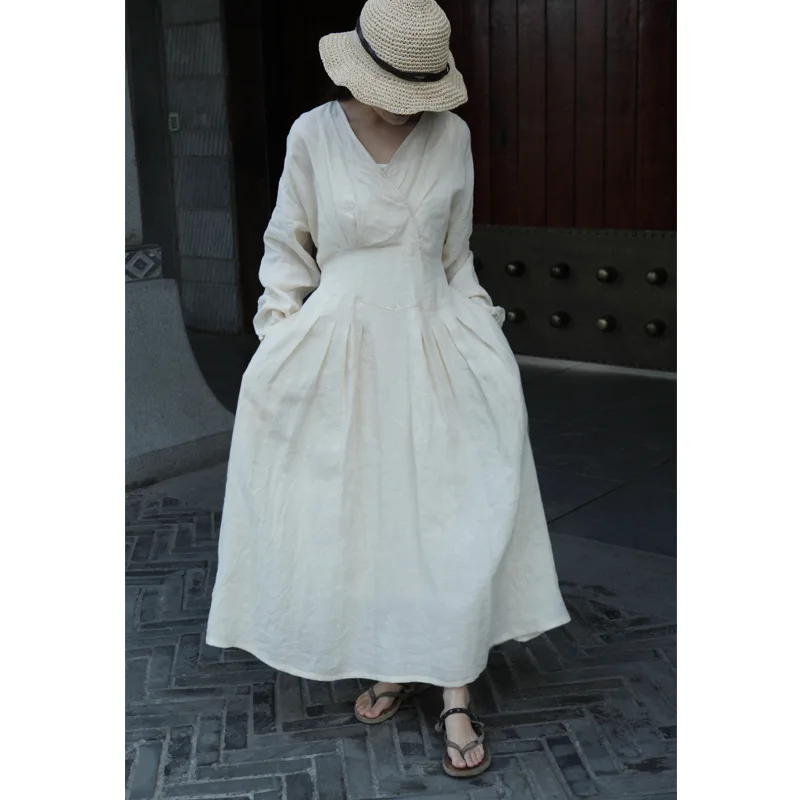 

Elegant Cross V Collar Pleated Large Hem Pure Linen Belted Dress, Classical Vintage Style Fit And Flare High Waist Robe Dresses