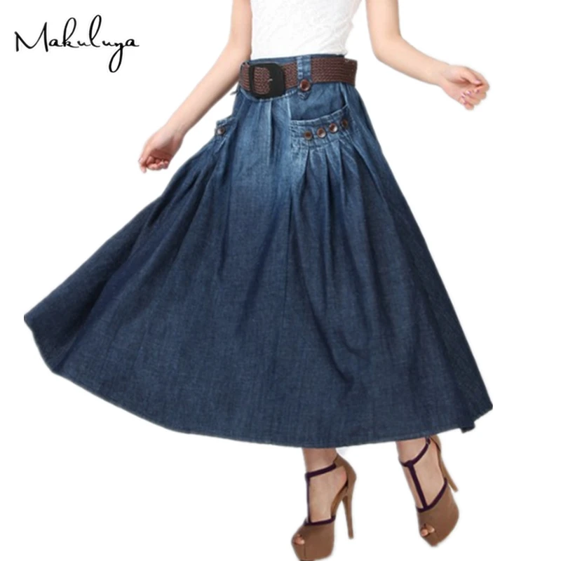 

Makuluya Summer Autumn Spring Women New Fashion Long Denim Loose Casual Elastic Waist Skirts Button decoration With Belt QW