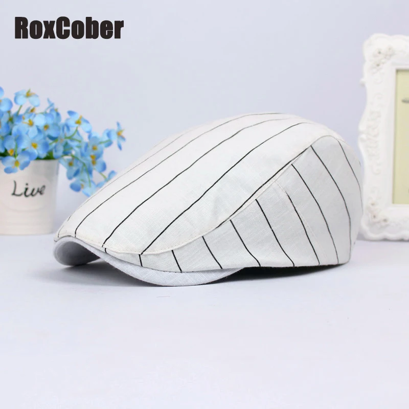 

RoxCober Spring Summer Newsboy Caps Striped Cotton Classic Sun Hats Men Woman Ivy Flat Fashion Gatsby Hat Adjustable Berets