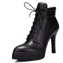 100% real cowhide leather pointed toe ankle shoes for women genuine soft leather ultra 10 cm high heels platforms martin boots