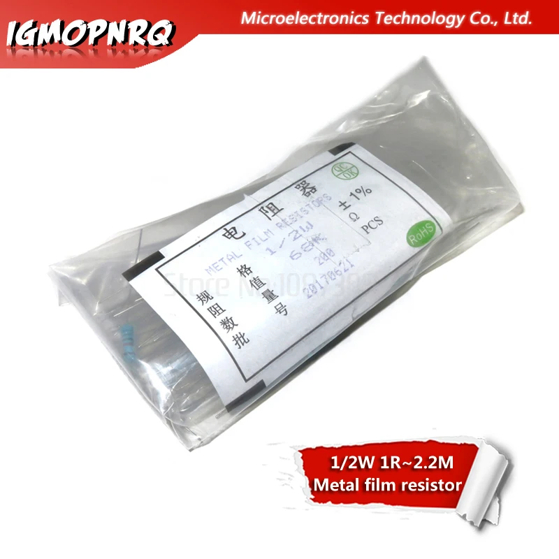 200pcs 1/2W Metal film resistor 1R~2.2M 100R 220R 330R 1K 1.5K 2.2K 3.3K 4.7K 10K 22K 47K 100K 100 220 330 1K5 2K2 3K3 4K7 ohm |
