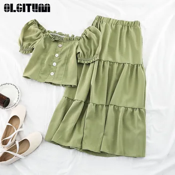 

New 2020 Summer Suit Candy Color Sexy Puff Sleeve Short Shirt Elastic Waist Loose Thin Skirt Two-Piece Party Female Suit WS172