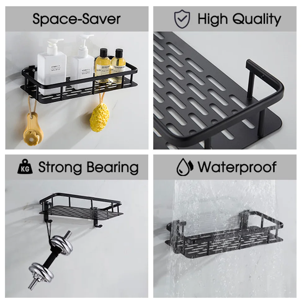 Bathroom Shelf Aluminum Black Shower Caddy with Hook Shampoo Soap Perfume Holder Bath Storage Organization etagere salle de bain