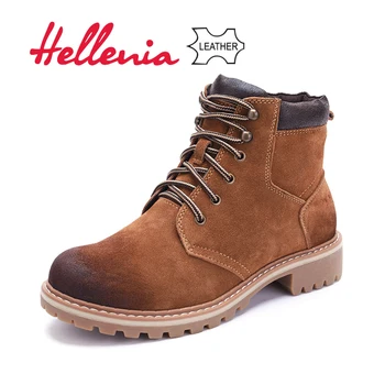 

Hellenia New Winter Boots Cow Suede leather Ankle shoes Female Lace-Up boot Navy Tan Grey Colors Warm Fur Rounded Toe Light shoe