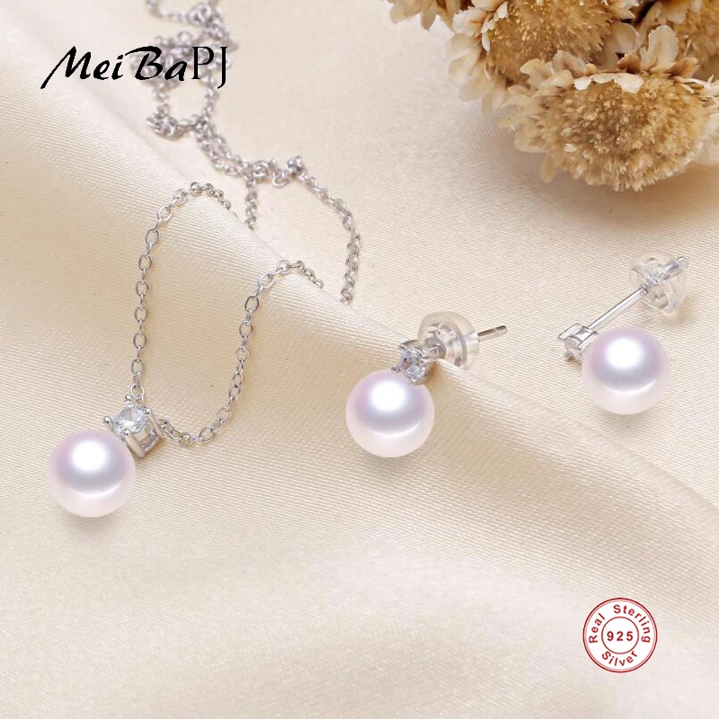 

[MeiBaPJ]New Fashion Real 925 Sterling Silver Four Claw Zircon Jewelry Set Natural Pearl Pendant and Necklace 2 Sets for Women
