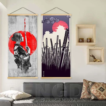 

Canvas Print Home Decoration Wall Art Japanese Samurai Painting Solid Wood Hanging Scrolls Modern Picture For Living Room Poster