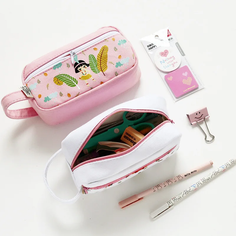 FullLove 2PCS/Set 19*20cm Canvas Pencil Bags New Pink Girl Printed Zip