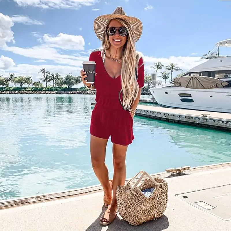 عارضة الصيف Playsuits النساء السروال القصير مثير ارتداءها الخامس الرقبة بذلة قصيرة الأكمام Catsuit قطعة واحدة السيدات عطلة وزرة قصيرة عارضة الصيف Playsuits النساء السروال القصير مثير ارتداءها الخامس الرقبة بذلة قصيرة الأكمام Catsuit قطعة واحدة السيدات عطلة وزرة قصيرة