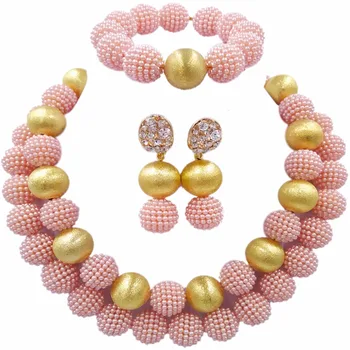 

Peach Simulated Pearl Beads African Jewelry Set 2017 Nigerian Wedding Necklace Sets 2PLS11