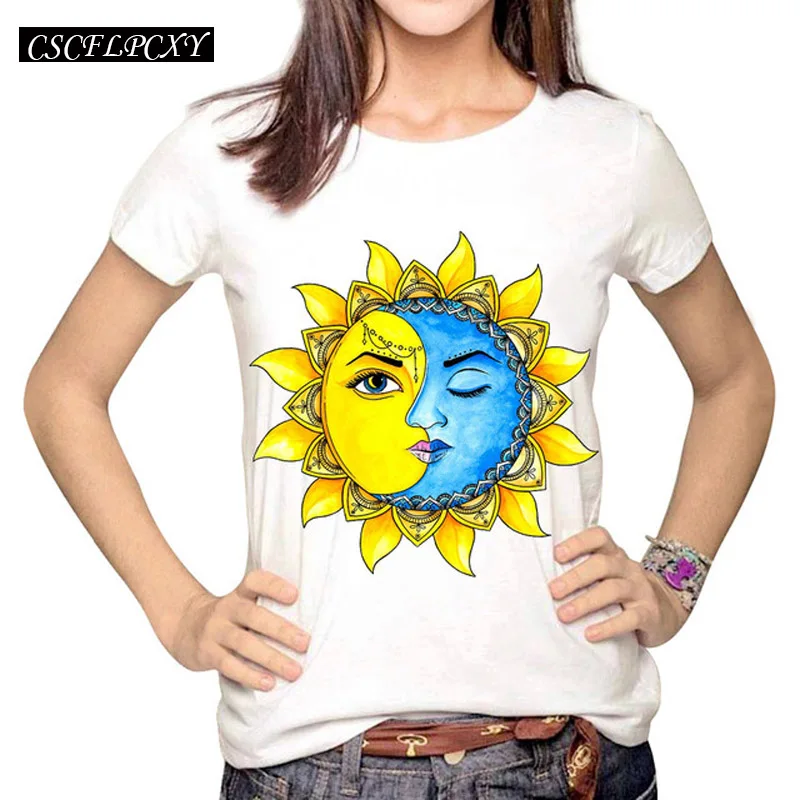 Женская мода хипстер солнце и луна мультфильм печатных топы Tumblr Harajuku карандаш рисунок 3D футболка