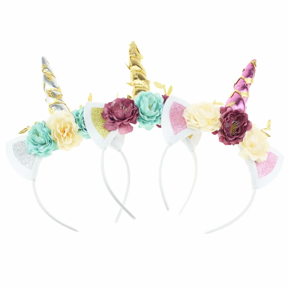 

Gold Glitter Unicorn Horn Headband Girl Birthday Rose Flower Hairbands Party Floral Crown Hair Accessories Photo Props