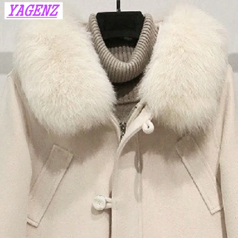New Autumn Winter Warm Woolen Jacket Women Korean Long Wool coat Young Women High quality Lmitation fox fur collar Overcoat B313