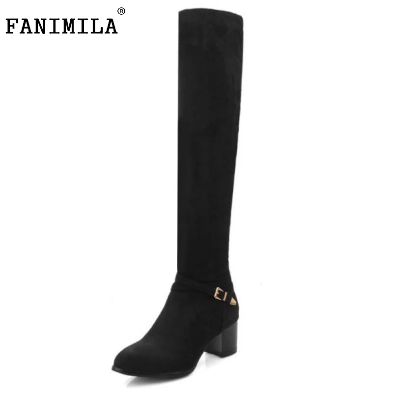 

Women Pointed Toe Over The Knee Boots Woman Zipper Square Low Heel Shoes Woman High Quality Zipper Botas Mujer Size 34-43
