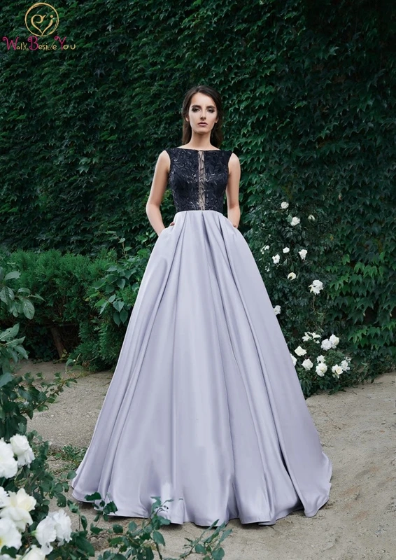 

Gray Prom Dress Illusion Lace Top Sleeveless Boat Neck Sweep Train A-line Satin Reflective Beading Sexy Custom Made Evening Gown