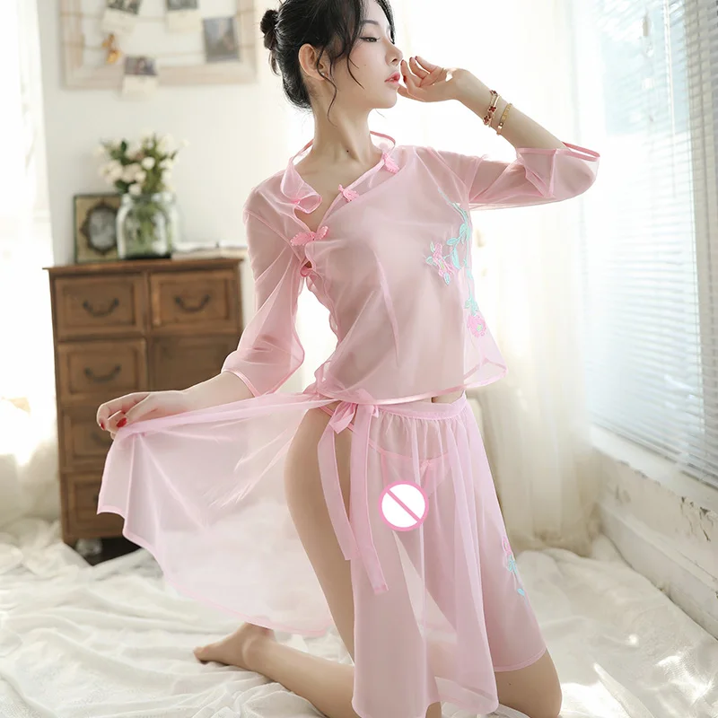 Ретро Вышивка Марля Cheongsam Сексуальная ночная рубашка китайские Классические Студенческие костюмы прозрачные женские пижамы