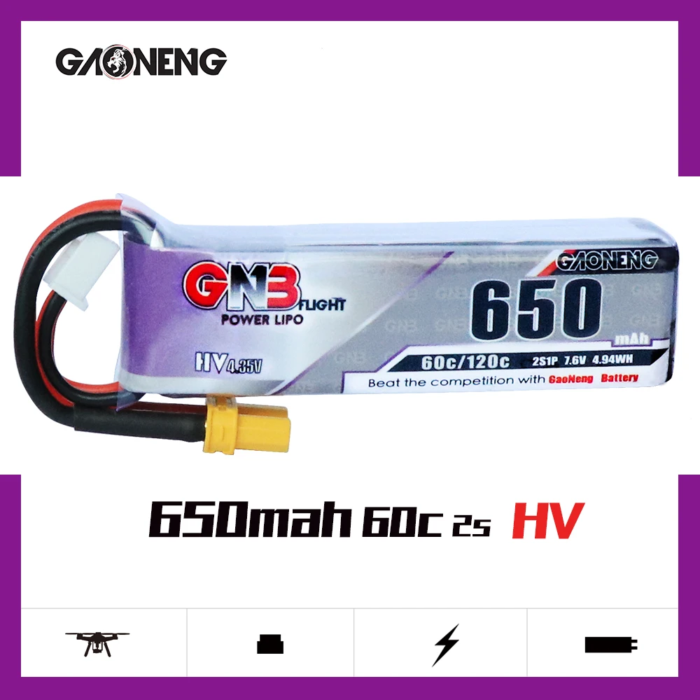 2 шт. аккумулятор Gaoneng GNB HV 650 мАч 60C 2S HV Lipo с разъемом JST XT30 для дрона Emax Tinyhawk Kingkong LDARC TINY Whoop BetaFPV