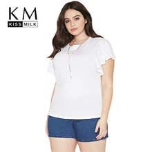 Kissmilk размера плюс Горячая Летняя женская одежда Повседневная Базовая Однотонная футболка с рюшами короткий рукав короткая футболка большого размера