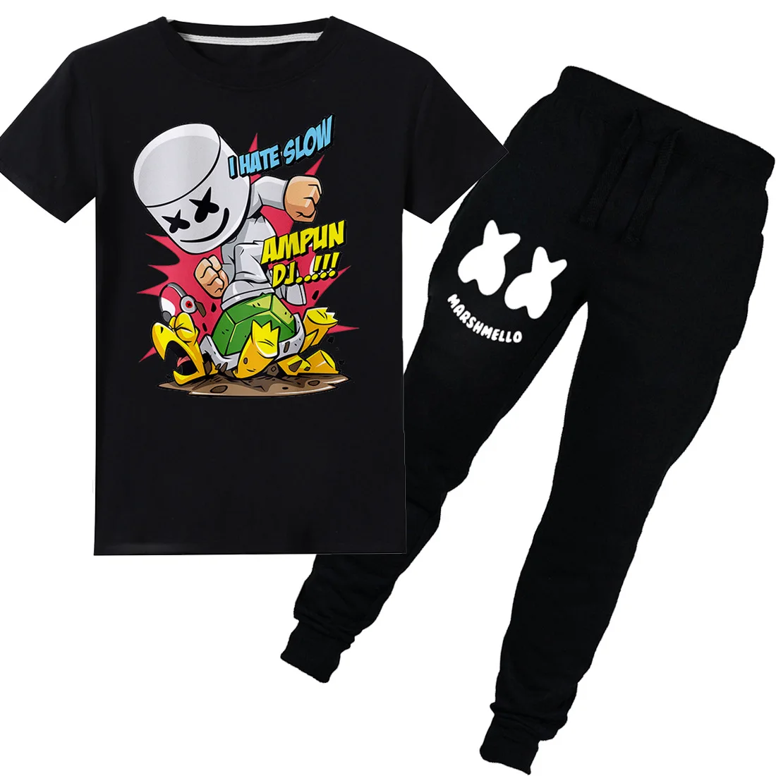 

6-14 y children clothing DJ Music suit boy T-shirt Marshmello 3D printing + pants 2Pcs summer boys Kids clothes casual Tops Tees