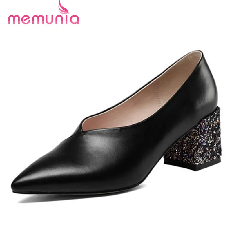 

MEMUNIA Pointed toe genuine leather shoes single work office lady high heels shoes solid two colors women pumps mature