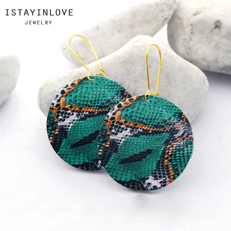 

ISTAYINLOVE JEWELRY Unique Snake Pattern Genuine Leather Dangle Earrings Silver Gold Ear Hooks Boho Round Die Cut LER02