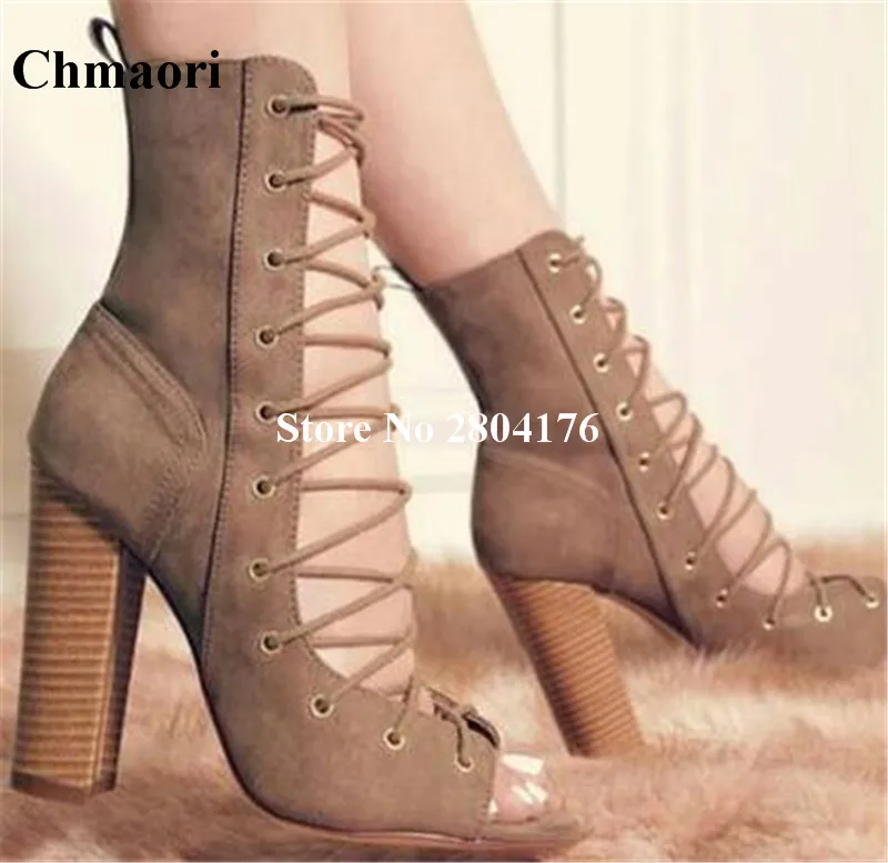 2017 Summe New Lady Fashion Style Ankle Boots Pointed Lace Up Peep Toe Shoes Flock Solid Square Heels Cross-tied | Обувь