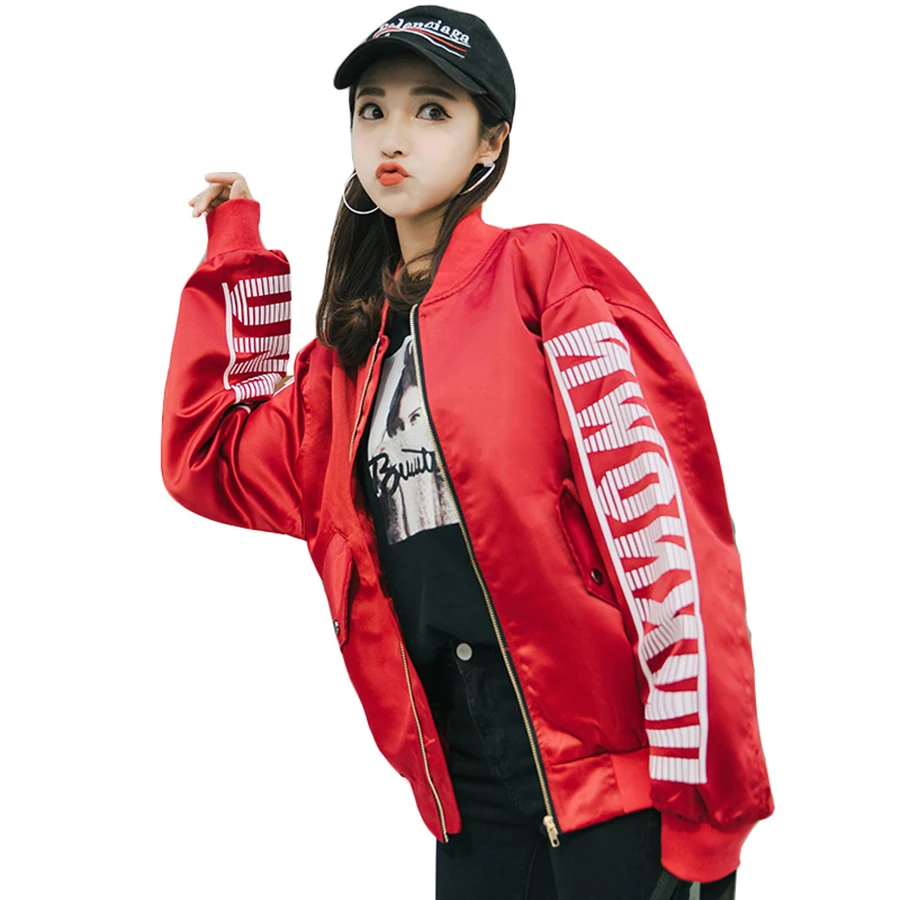 Black Bomber Jacket Women Autumn Plus Size Print Harajuku Coat Red