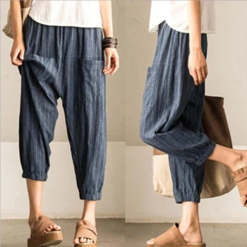 

Casual Loose ankle-length Women Harem Pants Vintage Striped High Elastic Waist Pockets Trousers Work High Waist Pant