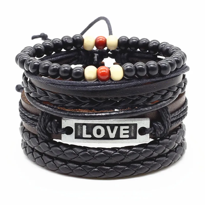 Bracelet jewelry Handmade Wood Bead Charm Men Leather Bracelet For Women Jewelry Accessory 4pcs/set bracelet jewelry