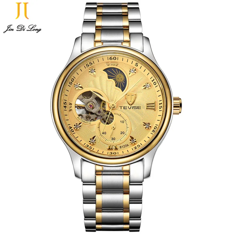 

2 *#Royal Gold Big Case Gold Diamond Automatic Mechanical Skeleton Relogio Self Wind Moon Phase Men Mechanical Watch