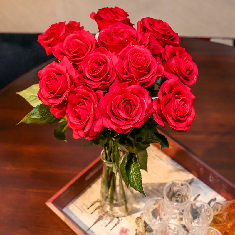 

Roses Artificial Flowers Real Touch Latex Silk Flowers For Wedding Bride Bouquet 10PCS Fake Flowers For Home Party Decor