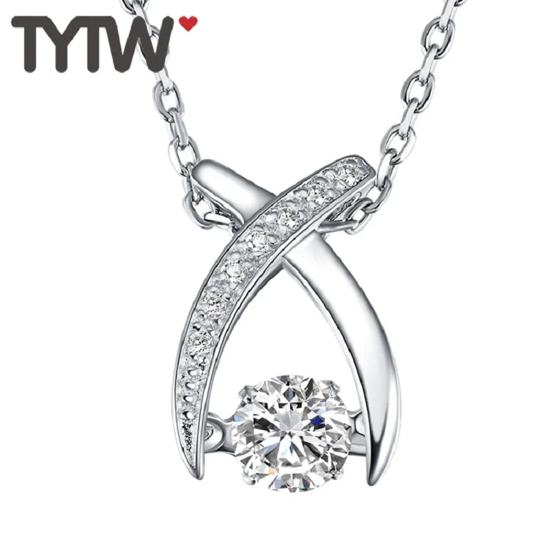 

TYTW Chic necklace women S925 Sterling Silver white zircon dancing stone shiny pendant necklaces