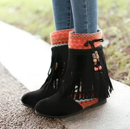 

Nice Winter Women Boots Flat Hee Suede Tassel Round Toe Shoes Woman Black Blue Beige Mid-Calf Boots For Women Fashion New Tide