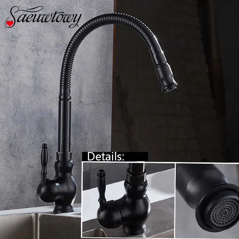

Black Hot and Cold Water Kitchen Taps Single Hole faucets Deck Mounted Rotating Ceramic Plate Spool