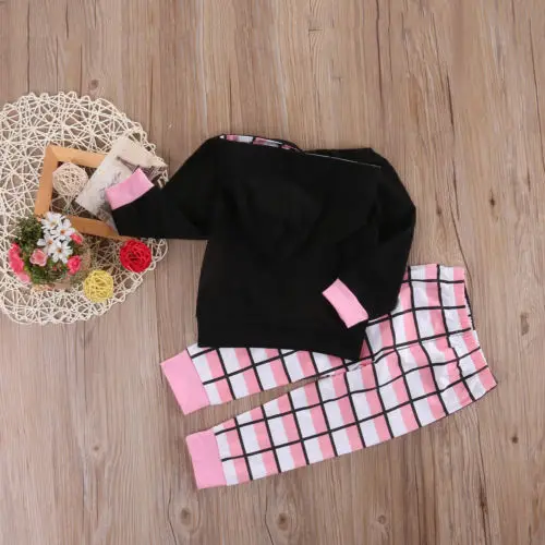 Одежда для маленьких девочек; хлопковые топы с капюшоном и длинными рукавами+ длинные клетчатые штаны; комплект из 2 предметов