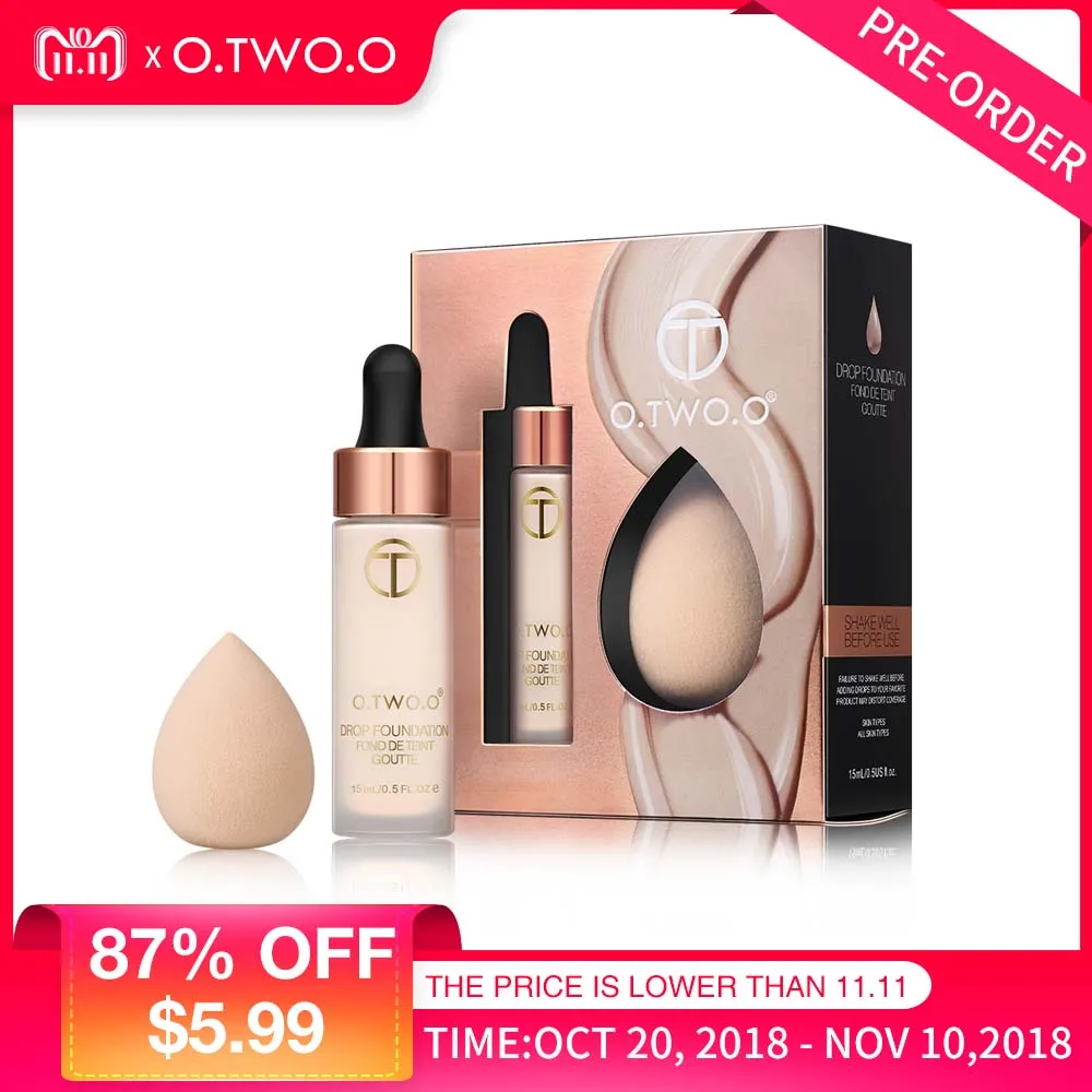 O.TWO.O Matte Foundation With Sponge Puff Kit Matte Effect Velvet Texture Liquid Drop Foundations Makeup Set Concealer Lasting