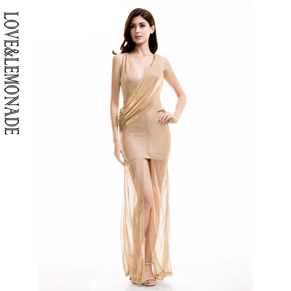 Love & Lemonade Золотое асимметричное Макси платье с v образным вырезом TB 9713|maxi dress|dress