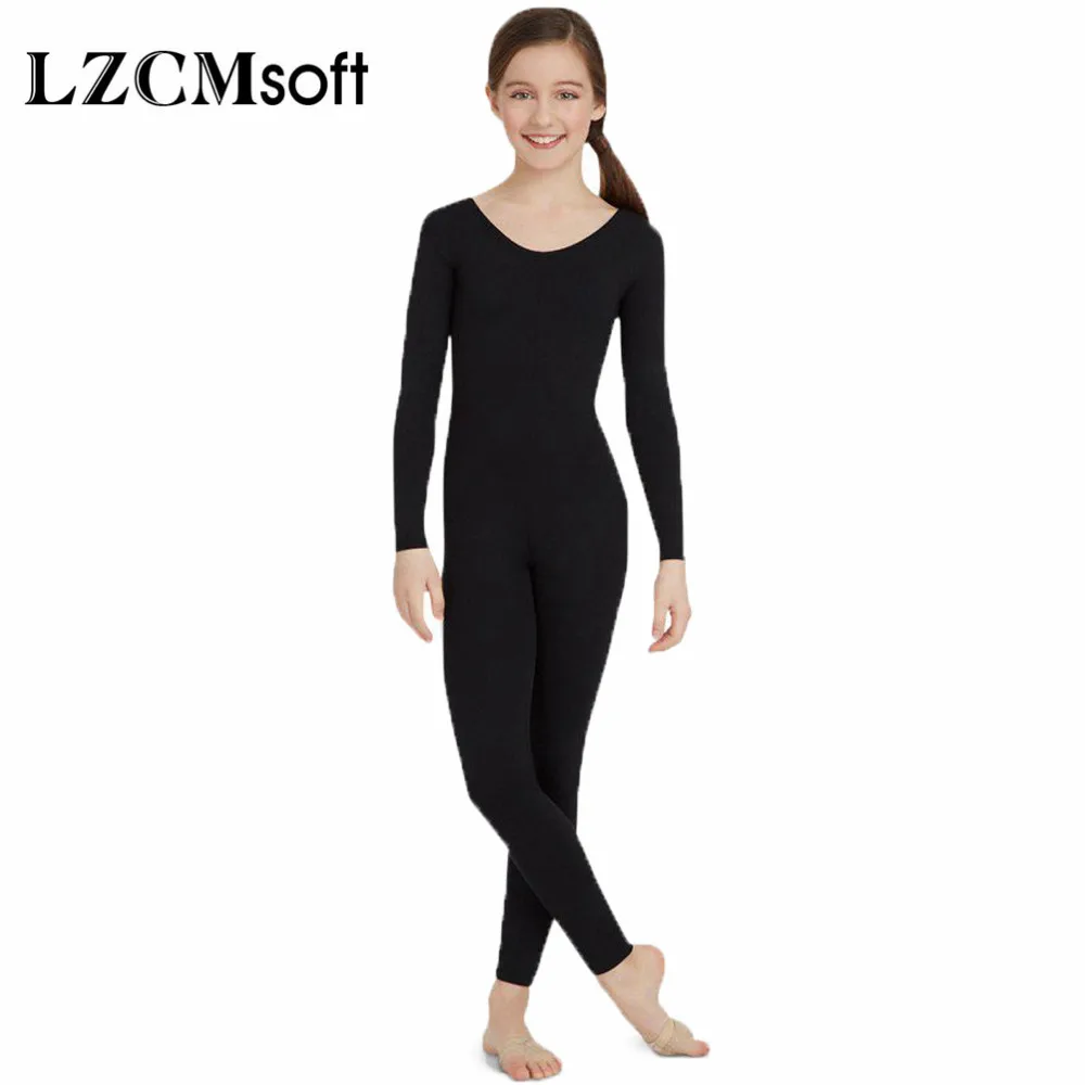 

LZCMsoft Girls Spandex Black Long Sleeve Unitard Scoop Neckline Footless Bodysuit Kids Nylon Lycra Gymnastics Dance Team Wear