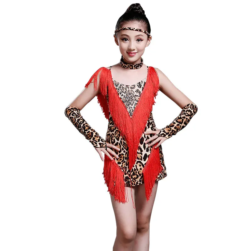 

leopard costumes leotard child girls sexy skirt children latin dance ballroom competition dresses with fringe tango salsa rumba