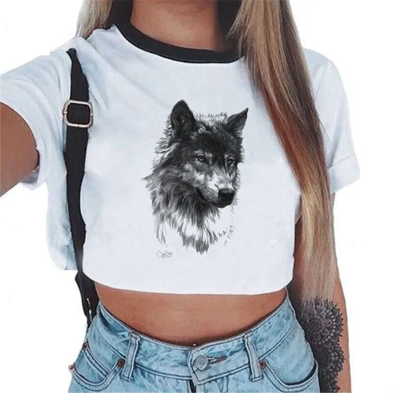 

New Summer Casual Crop Top T Shirt Women Animal Print Wolf Tee Shirt Femme Plus Size Tshirts Short Tops Cute Girls White T Shirt
