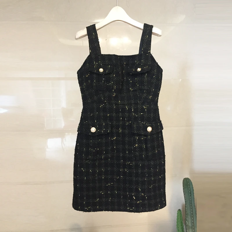 

Aihuyigui 2019 summer new fashion fall/spring runway sweet dress women pocket plaid tweed sling dress DR243