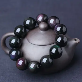 

Natural Rainbow Black Obsidian Round Beads Stretch Bracelet AAAA 14 mm stone