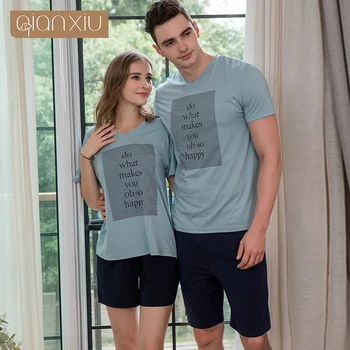 

1855 2018 Qianxiu Summer new couple set Modal printing cotton short-sleeved suit